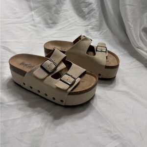 HeyGirl by Corkys Platform Slide Sandals Beige Double Buckle Size 6